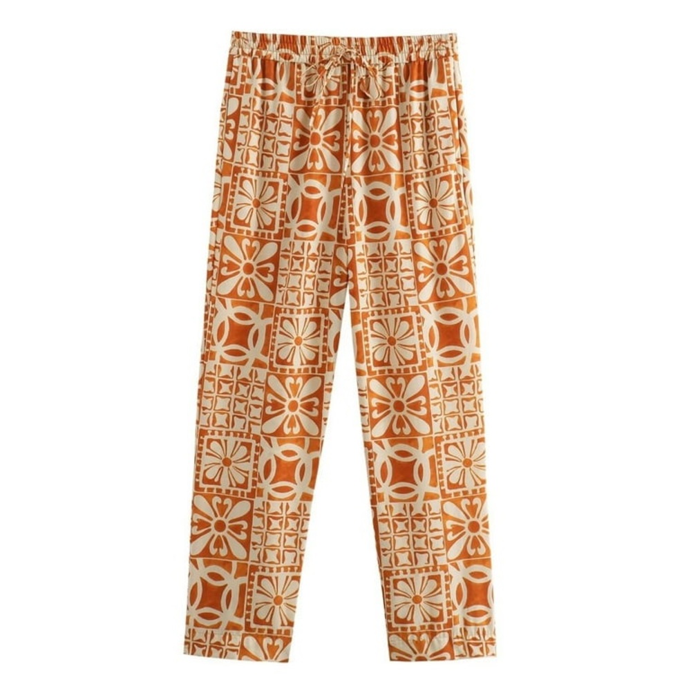 Zara Cotton Orange and Cream Print Pants